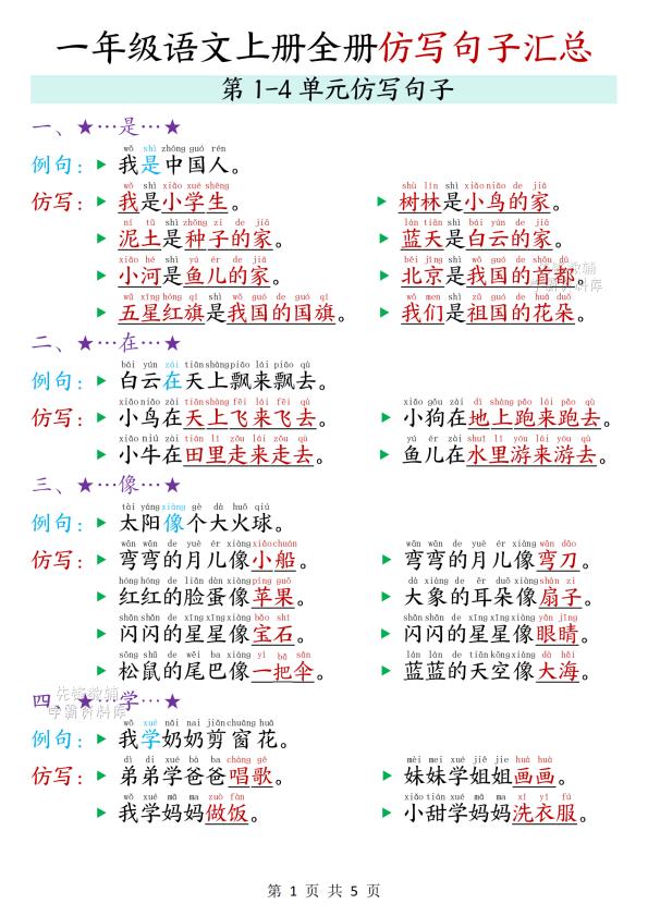 一年级上册（语文）全册仿写句子汇总