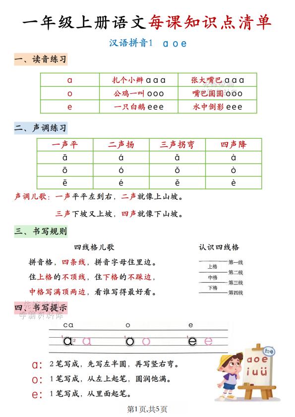 一年级上册（语文）第二单元每课知识点清单